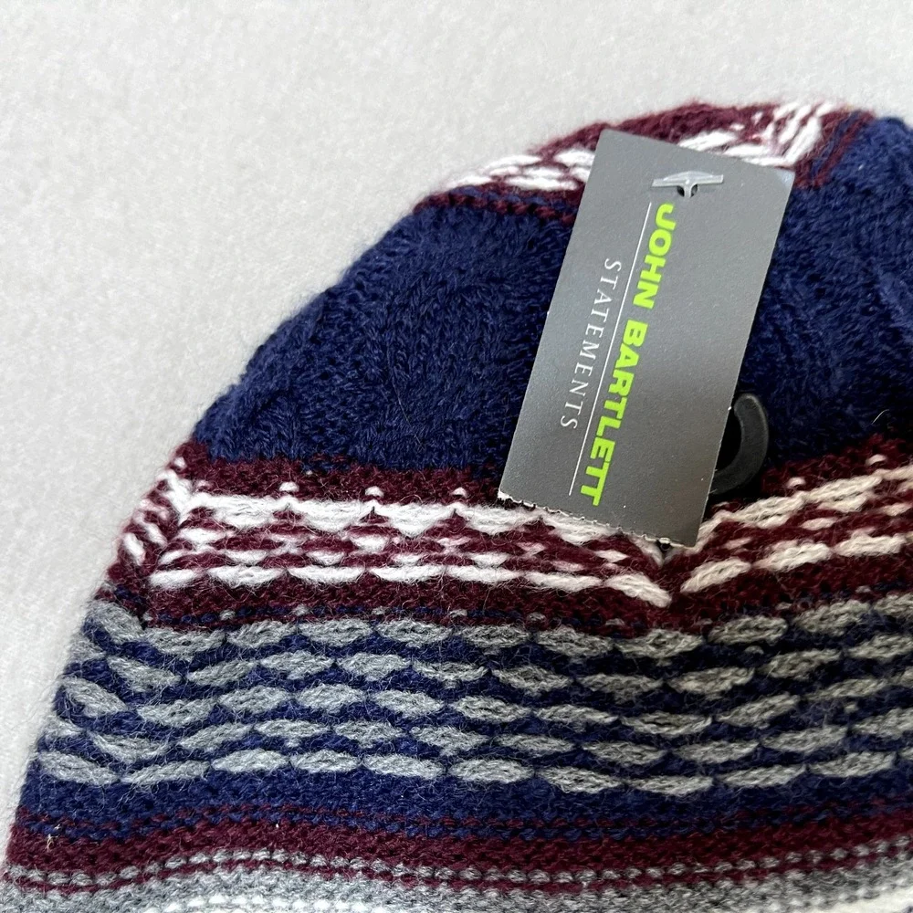 John‎ Bartlett Beanie hat Blue White Maroon Striped NEW